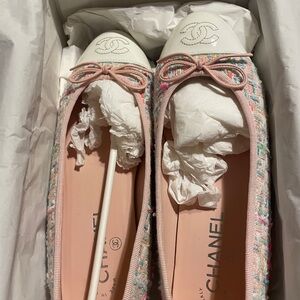 CHANEL Women's Candy Pastel Tweed White Ballet Flats